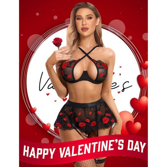 Women Red Lip Garter Lingerie Set with Underwire 3 Piece Lace High - Picture 3 of 6